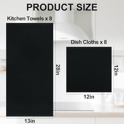 Homaxy 100% Cotton Kitchen Towels and Dishcloths Set, 12 x 12 Inches and 13 x 28 Inches, Set of 16 Bulk Kitchen Towels Set, Ultra Soft Absorbent Dish Cloths for Washing Dishes, Black - color: Black, style: 16-Piece Set
