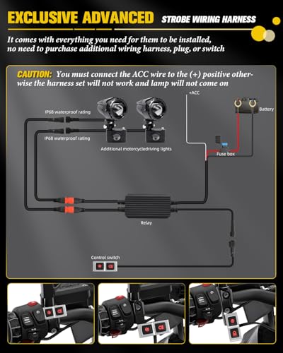 BraveWAY 60W 20000LM Motorcycle Fog Lights, LED Motorcycle Auxiliary Lights, 7 Modes Driving Light with White Amber Strobe Flash Mode, Plug and Play with Wiring Harness Kit and 2 Mounting Brackets - color: Moto-T5-1 LENS