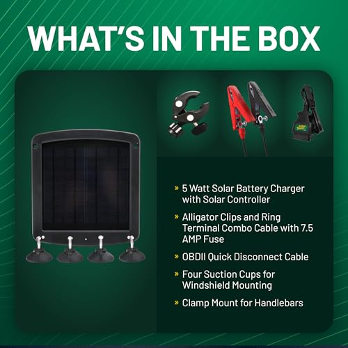 Battery Tender 5 Watt Solar Panel 12V Battery Charger with Charge Controller - IP67 Weatherproof - Windshield or Handlebar Mountable - Included Ring Terminal Cable or OBD II Connector - 021-1172