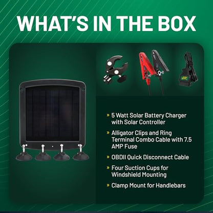 Battery Tender 5 Watt Solar Panel 12V Battery Charger with Charge Controller - IP67 Weatherproof - Windshield or Handlebar Mountable - Included Ring Terminal Cable or OBD II Connector - 021-1172