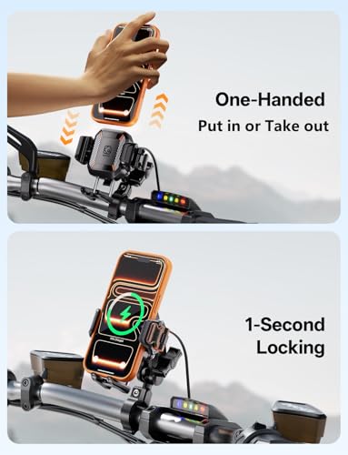 Kewig Motorcycle Phone Mount with Qi 15W Wireless Charger & 36W PD/USB C Fast Charging Port, Anti-Theft Handlebar Cellphone Holder with Vibration Dampener for Bike Scooter ATV, Fit 5.4-7.2" Phone