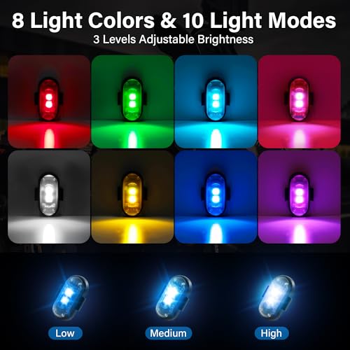 Wireless LED Lights for Car 8PCS with Remote Control, Wireless LED Strobe Lights 8 Colors USB Charge IP65 Waterproof Anti-Collision for Car Motorcycle Drone RC Aircraft Bike, Black