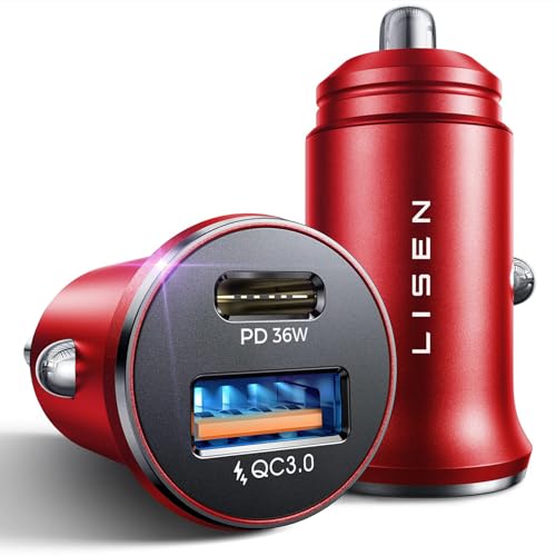 LISEN 2-Pack USB C Car Charger Adapter Fast Charge, 48W All Metal Cigarette Lighter USB Charger for iPhone 15 Smallest Flush Car Charger USB C for iPhone 14 Pro Max 13 12 Galaxy S23/22 iPad Pro-Red | Cigarette Lighter USB Charger, Car Accessories for Men