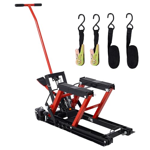 1500LBS Hydraulic Motorcycle Lift Jack, Foot-Operated ATV Scissor Lift Table with 4 Wheels & Tie-Down Straps, Portable Hoist Stand for Motorcycle/ATV/UTV, Red - color: Red