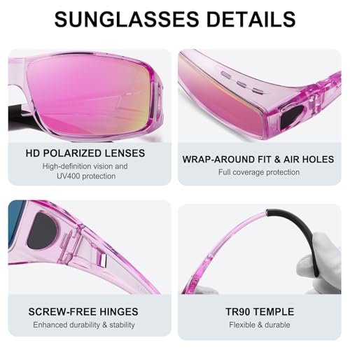 Wzerry Sunglasses Fit Over Glasses Polarized for Men Women, Wrap-Around Glasses UV400 Protection for Driving and Outdoor - color: Black/Grey + Transparent Purple/Grey + Transparent Purple/Pink