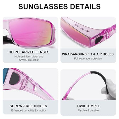 Wzerry Sunglasses Fit Over Glasses Polarized for Men Women, Wrap-Around Glasses UV400 Protection for Driving and Outdoor - color: Black/Grey + Transparent Purple/Grey + Transparent Purple/Pink