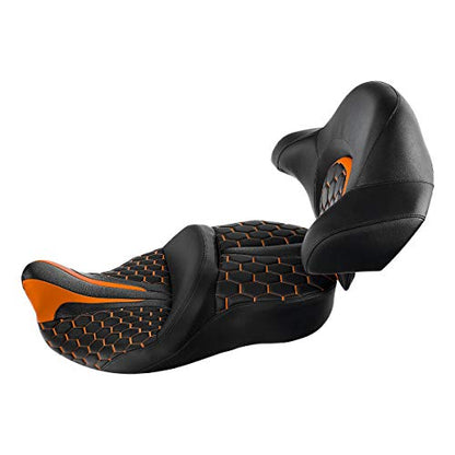 C.C.Rider Driver Passenger Seat with King Tour Trunk Backrest Pad Fit for Harley Touring Road FLHR Street Glide FLHX FLTRX FLHT 2014-2023 - color: Black+Orange Set