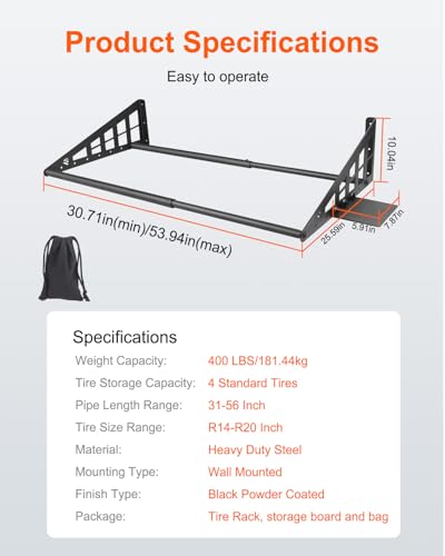 JY PERFORMANCE Adjustable Wall Mounted Tire Rack, Heavy Duty Steel Tire Storage Rack for Garage, Fits 31"-56" Wide, Powder Coated, 400 lbs Weight Capacity, Black