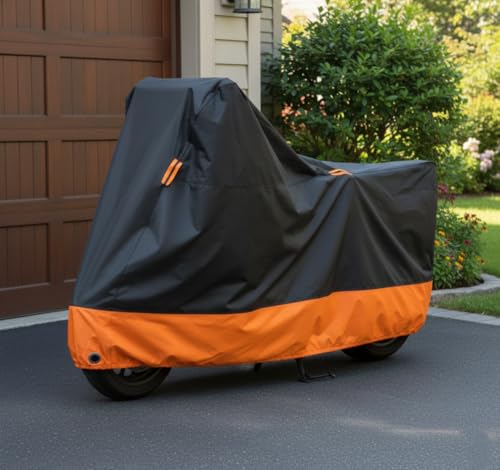 Motorcycle Cover Waterproof Outdoor, 210D Oxford All-Weather Rain Dust Protection with Lock Holes & Sealed Seams