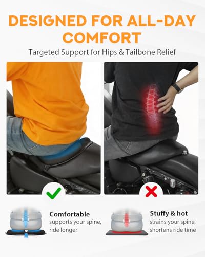 PBYMT Universal Motorcycle Gel Seat Pad, Motorcycle Seat Cushion with Sunshade Cover, Large 3D-Honeycomb Structure TPE Shock Absorption and Breathable for Long Rides
