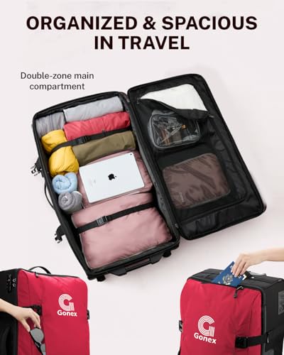 Gonex Rolling Duffle Bag with Wheels, Water-repellent 90L Nylon Large Wheeled Travel Duffel Luggage with TSA Lock & Telescopic Handle 30 inch, Pure Red - color: Pure Red, size: 30 inch