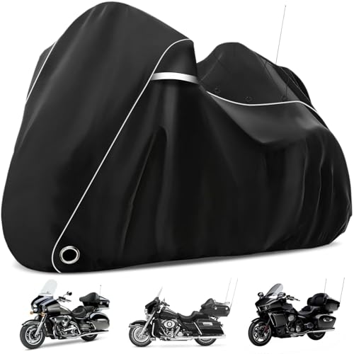 COVERVIN Motorcycle Cover with Side+Top Box Heavy Duty 420D Waterproof for Harley Davidson Ultra Ltd, Road Glide Ltd, Honda Gold Wing, Road Master, Indian, Indoor & Outdoor Storage Black - color: Black, size: 110"- Side+Top Box