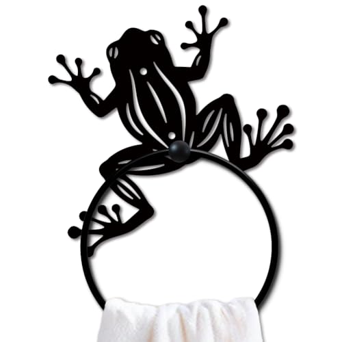 MAYJOYDIY Frog Metal Towel Ring, Cute Frog Silhouette Black Hand Towel Holder, Nature Pond Animal Jump Hanging Ring Wall Mounted Bathroom Accessories for Bathroom Kitchen Home Decoration Gift - color: Frog