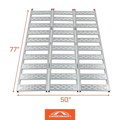 CargoSmart Aluminum Tri-Fold Ramp with Treads, 1 Pack — 1,500lb Capacity/500lb per Section, 50” W x 76” L — Easily and Safely Load or Unload Push Mowers, Garden Tillers, ATVs and More