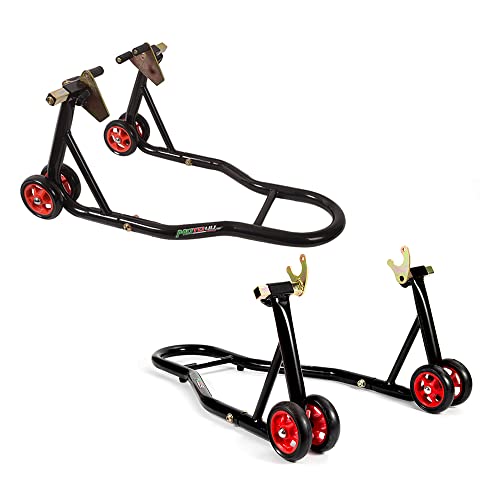 MOTO4U Motorcycle Front & Rear Stand, Front Rear Combo Stand Universal Wheel Lift Stand Swingarm Spool Lift Stand Paddock Stand (Red Wheel) - size: Front & Rear Stand Black