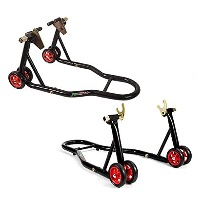MOTO4U Motorcycle Front & Rear Stand, Front Rear Combo Stand Universal Wheel Lift Stand Swingarm Spool Lift Stand Paddock Stand (Red Wheel) - size: Front & Rear Stand Black