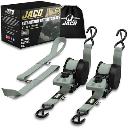 JACO Retractable Ratchet Straps - 1 in x 15 ft (2-Pack) (1,760lbs Break Strength) | Auto Self Retracting Cargo Tie Down Strap Set (Gray) - color: Gray, size: 2-Pack