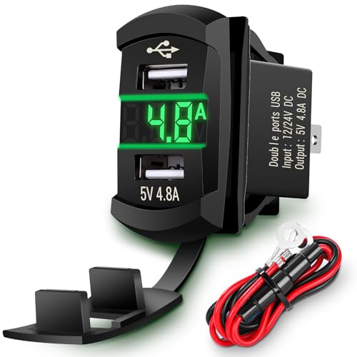 Rocker Switch USB Charger with New Updated Ammeter and Voltmeter Universal Fits Rocker Switch Panel 12V 24V Dual USB Charging Port Outlet for RV Cars Marine Boats ATVs Trailers - color: Green, size: Dual USB Current-voltmeter