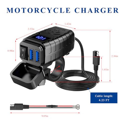 Motorcycle USB Charger, Dual Port Quick Charge 3.0 Motorcycle Charger with Voltmeter & ON/Off Switch, Waterproof Quick Disconnect SAE to USB Adapter for Phones Tablets GPS