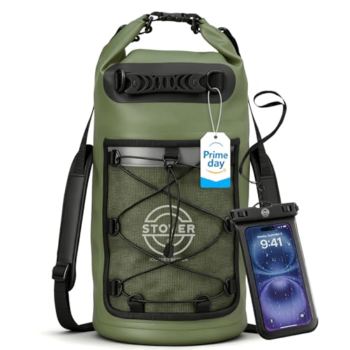 STOVER 5/10/25/30/40/55L Waterproof Dry Bag- Roll-Top Backpack w/Phone Case- Kayaking, Hiking, Camping, Boating- Men/Women - color: 25l Green (With Phone Case), size: 25L