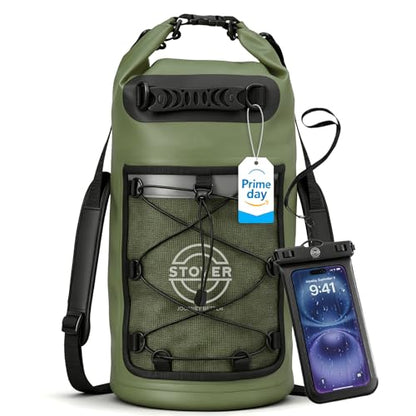 STOVER 5/10/25/30/40/55L Waterproof Dry Bag- Roll-Top Backpack w/Phone Case- Kayaking, Hiking, Camping, Boating- Men/Women - color: 25l Green (With Phone Case), size: 25L