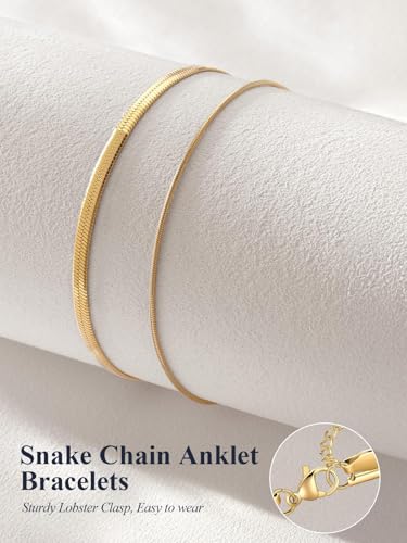 U7 Silver/Gold Ankle Bracelets for Women Layered Chain Anklets Stainless Steel Waterproof Summer Beach Anklet Cham, Adjustable 8.5"-10.5" - color: Gold - Flat Snake Chain+Snake Chain