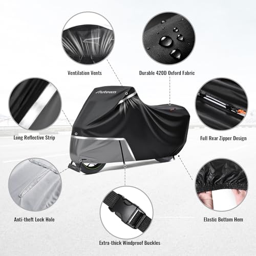 AUTOWN Motorcycle Cover Waterproof Outdoor, 420D Heavy Duty for Touring Bikes with Side Box & Top Case, Rear Zipper Access, Windproof Bike Cover Fits up to 108", Black & Gray - size: XXL: 108"