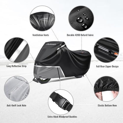 AUTOWN Motorcycle Cover Waterproof Outdoor, 420D Heavy Duty for Touring Bikes with Side Box & Top Case, Rear Zipper Access, Windproof Bike Cover Fits up to 108", Black & Gray - size: XXL: 108"