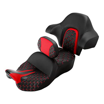 Extended Reach & Max Profile Seat Gel Rider Cushion with Rider Backrest and King Tour Pack Trunk Backrest Pad fit for Harley Touring Road King Street Glide Road Glide Electra Glide 09-23 Black Red - color: Gel Style A Red Seat + 2 Backrest