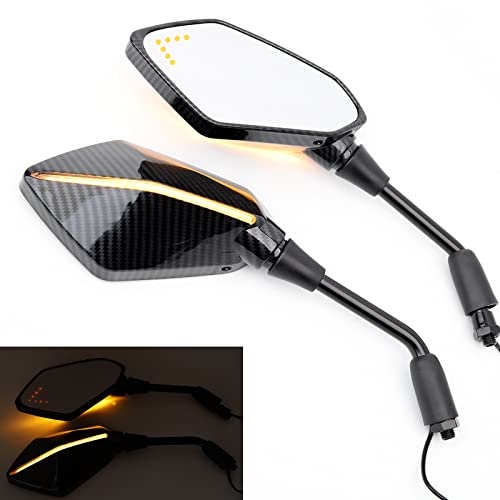 Mokuo 10MM Rearview Mirrors LED Running Light Turn Signal Light Side Mirror with Front arrow LED for 10mm Handlebar Motorcycle Yamaha Honda Suzuki, Carbon Fiber Style - color: Carbon Fiber