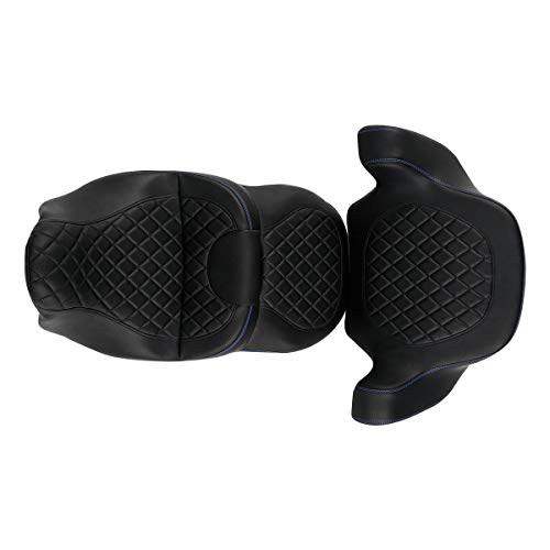 C.C. RIDER Driver Passenger Seat with Wrap-around King Tour Trunk Backrest Pad Sissy Bar fit for Harley Touring Road King FLHR Street Glide FLHX Road Glide FLTRX Electra Glide 2014-2023 - color: 04# Blue+ Passenger Backrest