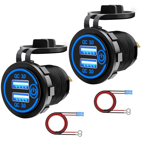 LENKRAD 2Pcs 12v/24v USB Outlet Quick Charge 3.0 Dual Port Car Charger Socket with Touch Switch, 18W Fast Charge Socket with Blue LED,Waterproof Marine USB Outlet DIY Kit for Motorcycle RV - color: Blue3