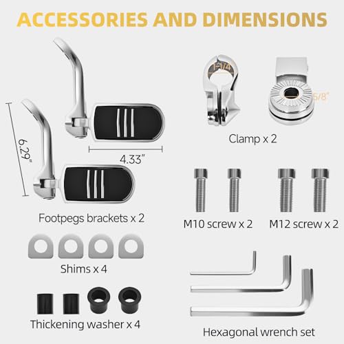 Upgrade Highway Footpegs, 1.25" Motorcycle Highway Pegs Long Angled Adjustable Streamliner Style Fit for Harley Touring Street Glide Electra Glide Road King Dyna Fit 1-1/4"(32mm) Engine Guard(Chrome)