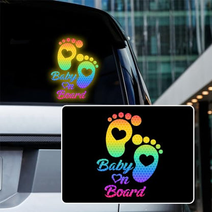 High Intensity Reflective Baby on Board Car Sticker Waterproof Cute Footprint Baby in Car Decal Safety Warning Sign Kids on Board Decal for Car Bumper Window (Rainbow) - color: Rainbow