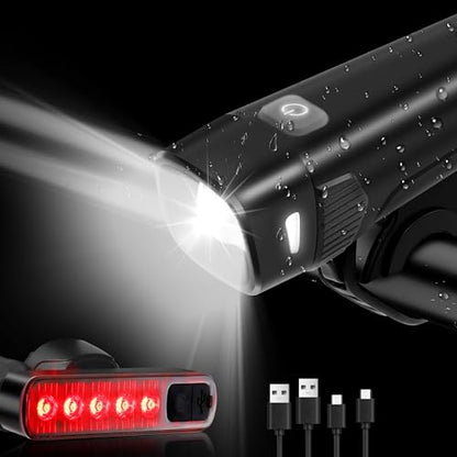 400LM USB Rechargeable Bike Light Set, Front Headlight & Rear Taillight, 5 Lighting Modes, Waterproof Safety Cycling Lights for Road Mountain Bikes, Bike Lighting Parts & Accessories