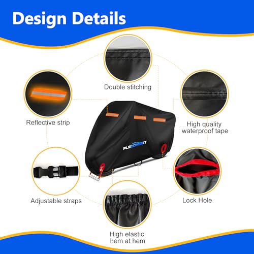 Motorcycle Cover, 600D Heavy Duty Waterproof Motorbike Cover, Dustproof Motorcycles Vehicle Cover Scooter Shelter Protection with Reflective Strips & Storage Bag 116" x 41" x 50" - size: 116" x 41" x 50"
