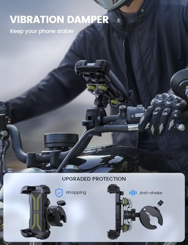 Lamicall Motorcycle Phone Mount Holder - [Dual Vibration Dampener] [Upgrade Handlebar Clip] Motorcycle Cell Phone Holder, Bike Phone Mount, Fit iPhone 16/15/14/13 Pro Max, 4.7-6.7" Phones, Green - color: Green