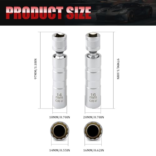 2PCS Spark Plug Socket, 14mm & 16mm Magnetic Swivel Spark Plug Socket, Thin Wall 12 Points 3/8" Drive Spark Plug Removal Tool with 360-degree Rotation, Compatible with Motorcycle, Car, SUV