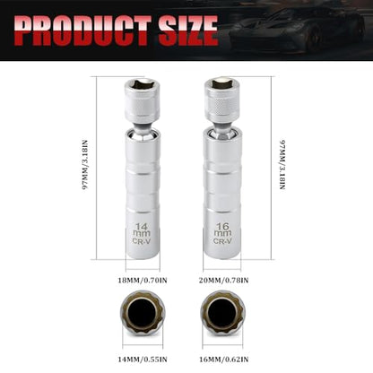 2PCS Spark Plug Socket, 14mm & 16mm Magnetic Swivel Spark Plug Socket, Thin Wall 12 Points 3/8" Drive Spark Plug Removal Tool with 360-degree Rotation, Compatible with Motorcycle, Car, SUV