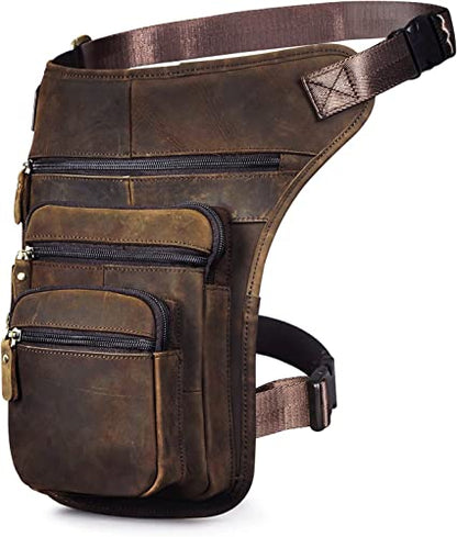 Le'aokuu Mens Genuine Leather Motorcycle Tactic Belt Waist Pack Drop Leg Cross Over Bag - color: 3111 A Brown