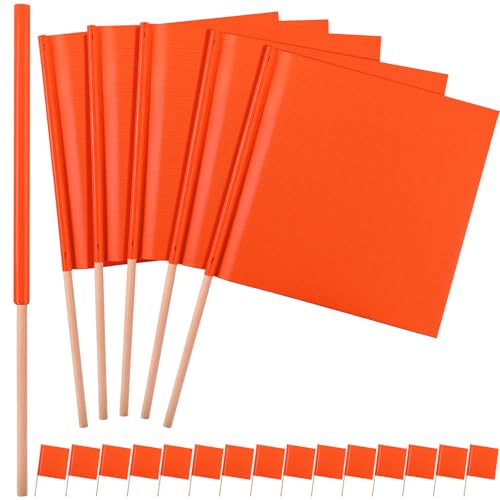 Tegeme 20 Pcs 18 Inch x 18 Inch Orange Safety Flags, Safety Caution Warning Flags with 30” Wooden Staff for Construction Sites Truck Wide Load Traffic Flagger Trailer Pedestrian Crossings Roof Work