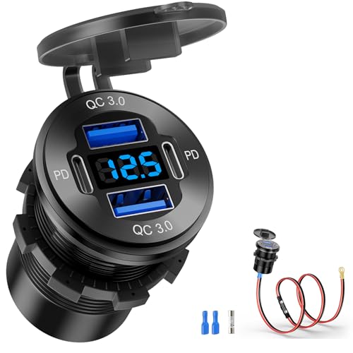 12V USB Outlet, 4 Port Aluminum Charger Socket 2 C PD & 2 QC3.0 with Voltmeter, 12V/24V Car USB Charger Socket for Car Boat Marine Bus Truck Golf RV Motorcycle and More 1-Pack - color: 2PD+2USB(1Pack)