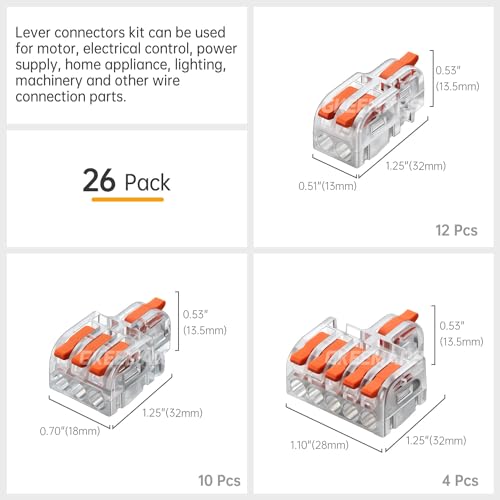 26Pcs Lever Wire connevtors,Compact Wire Splicing Connectors Kit 2, 3 and 5 Circuit Quick Connect Terminals 24-12 AWG (Clear) - color: Clear