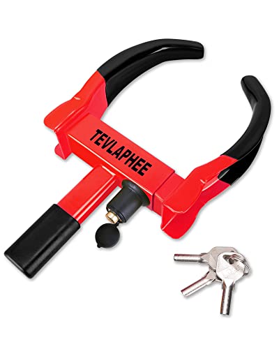Tevlaphee Universal Wheel Lock Heavy Duty Security Trailer Wheel Lock Anti Theft Wheel Locks for Cars SUV Camper Motorcycle Trailer Great Deterrent Bright Color with 3 Keys (Black-red) - color: Black-red