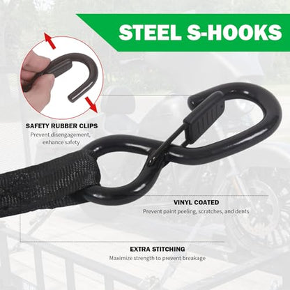 MOTO4U Auto Retractable Ratchet Straps 2-Pack | 1” x 10ft (1500lb Break Strength) | Heavy Duty Motorcycle Tie Downs Straps with Integrated Soft Loops for Truck, Trailer, Motorcycle - color: 2 Pack