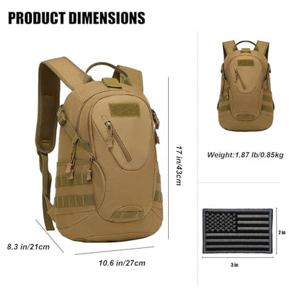 ArcEnCiel 15L Motorcycle Backpack Tactical Bag Rucksacks for Outdoor Camping Trekking Hunting with Patch - color: Coyote Brown