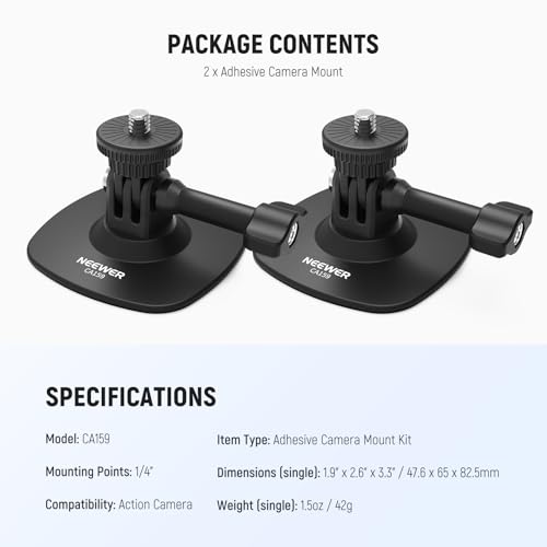 NEEWER Adhesive Mount 2 Pack Compatible with Insta 360 GoPro DJI AKASO Action Camera, 180° Flexible Car Helmet Holder Base Adapter for POV Video Recording Live Streaming, for 1/4" Accessories, CA159 - style: CA159（2-Pack）