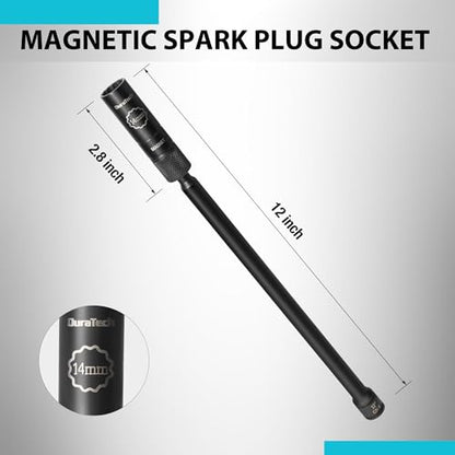 DURATECH 14mm Swivel Magnetic Spark Plug Socket, 1MM Thin Wall Spark Plugs Socket with 12-Point, Enhanced Magnetic Head & Manganese Phosphate Coating, 3/8" Drive x 12" Total Length, Cr-V Steel Made - size: 9/16" x 3/8" x 12"