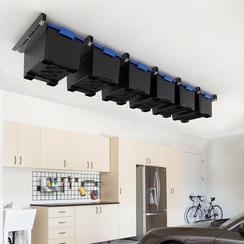 EVERHANGER Ceiling Storage Rack, Heavy Duty Overhead Storage Rack for Garage, Adjustable Ceiling Bin Storage System, 7 Sets for 6 Bins, 16 Inch - style: For 6 Bins