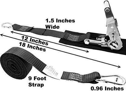 1.5 Inch Stainless Steel Ratchet Strap with Protective Pad Under Buckle, Stainless Steel Carabiner Clip with Grommet On Both Ends, Total Strap Length 10 Ft. - color: Black